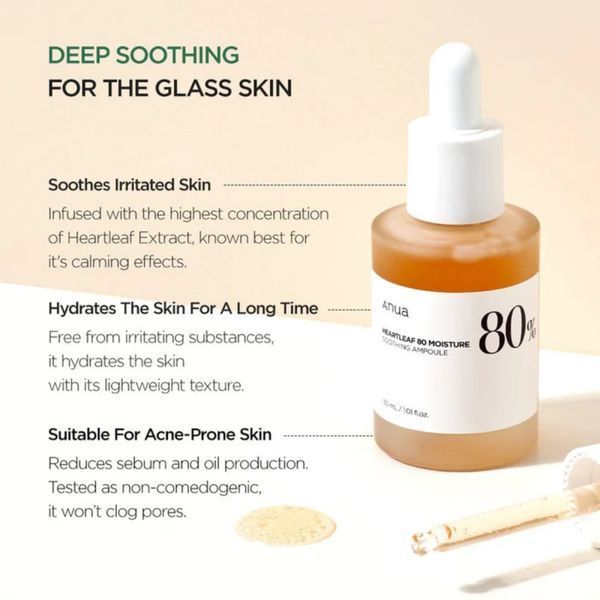 Anua Heartleaf 80 Moisture Soothing Ampoule Заспокійлива ампула для обличчя з екстрактом хауютюнії 80% 30ml 8809640730283 фото